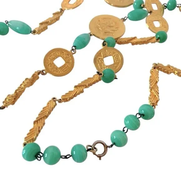 Vintage Kenneth Jay Lane Asian Medallion Green Jade Necklace - Picture 4 of 5